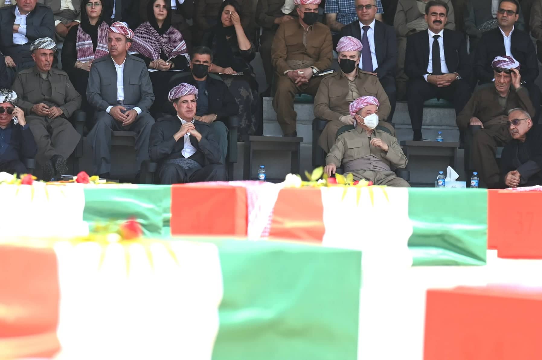 KDP Leader Masoud Barzani (right) and Kurdistan Region President Nechirvan Barzani attend burial ceremony of Barzan genocide victims on July 31, 2022. Photo: Bilind T. Abdullah/Rudaw